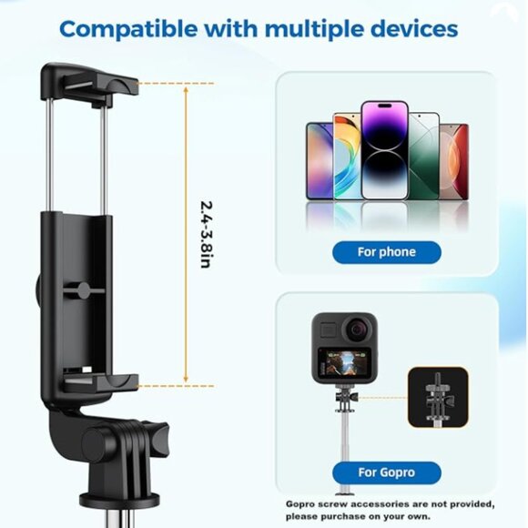 Selfie Stick Tripod, Retractable Selfie Stick Tripod w/ Wireless Remote Control - Picture 4 of 13